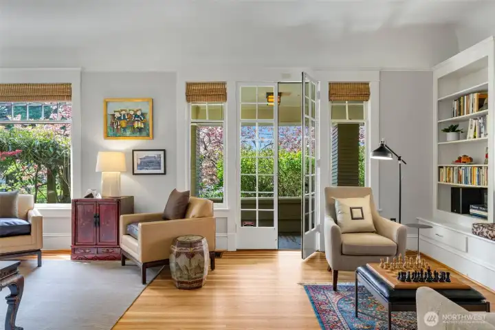 French doors lead to the side porch.