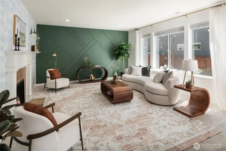 Large family room with custom accented walls.