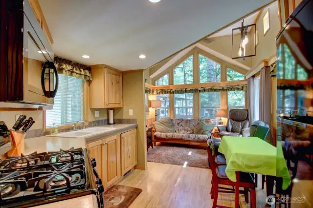 Kitchen flows seamlessly into the living area