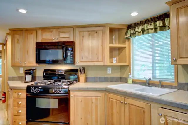 Microwave and oven and sink with a view!