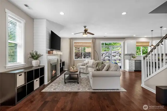 The gas fireplace adds warmth during the cooler days while the ceiling fan keeps air flow during the heat spells.