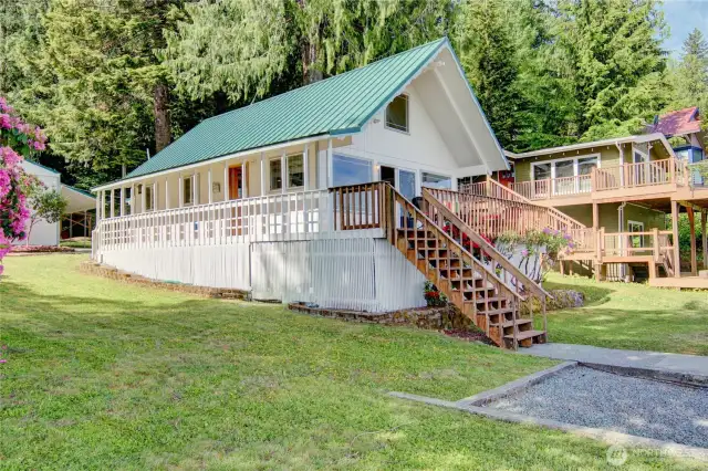 Freshly painted exterior house and garage.