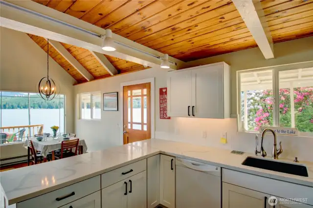 Lake views from kitchen, living and dining areas.