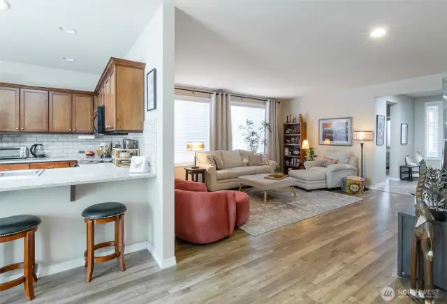 View showing the transition from kitchen to living space.