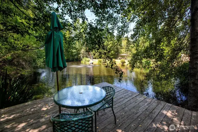 View from guest studio deck overlooking the pond and fountain.