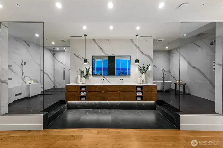 spa inspired marble European primary bath