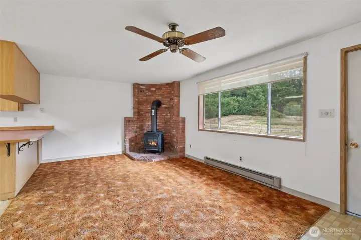 Great room with free standing propane stove