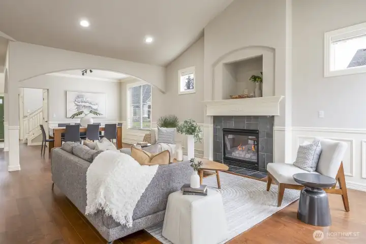 Open great room with adjacent dining room