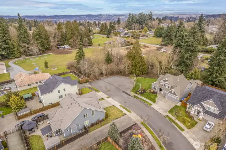 Aerial shot of home and cul-de-sac