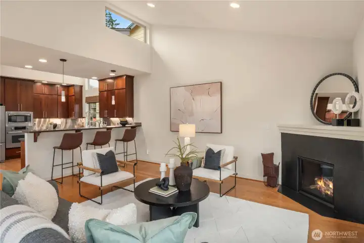 Looking back at the kitchen the overhead clerestory window brings in the southern light.