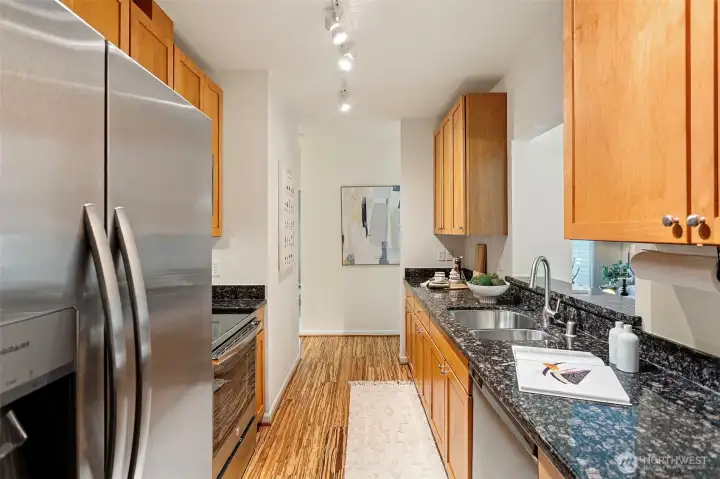 Stainless steel appliances and bright lighting Stainless steel appliances and bright lighting