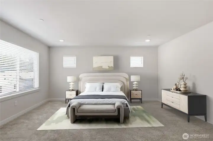 Virtually staged spacious primary bedroom. Virtually staged spacious primary bedroom.