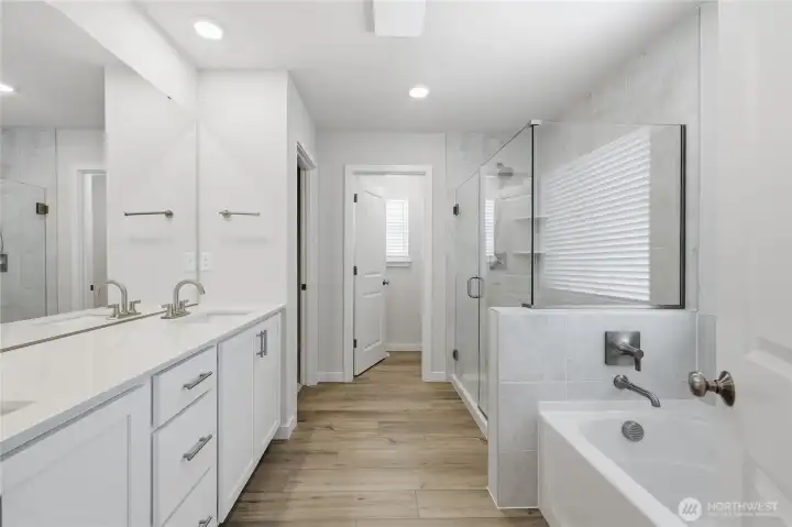 Enter into the luxury bathroom! Two sinks with quartz countertops, bathtub, bathroom, walk in shower, private toilet, and walk in closet. Enter into the luxury bathroom! Two sinks with quartz countertops, bathtub, bathroom, walk in shower, private toilet, and walk in closet.