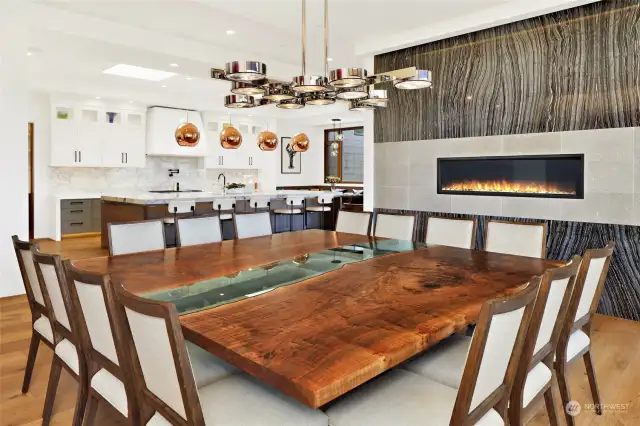 Dining room for 16 friends with a custom table that stays with the home