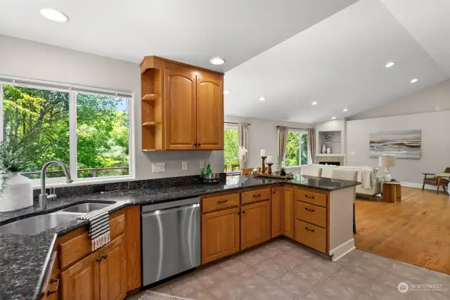 Granite countertops and double ovens in this chef's kitchen.