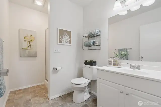 Lower level 3/4 bath - new toilet, paint, light fixture