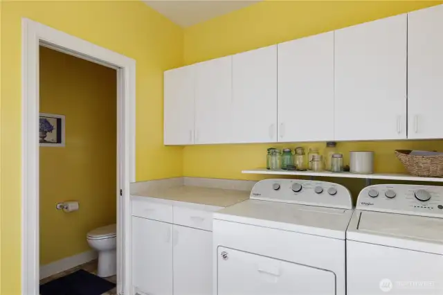 More cabinets in the Laundry room along with a toilet.