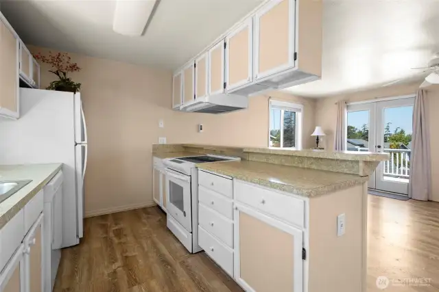 Simple galley kitchen has plenty of storage and a breakfast bar.