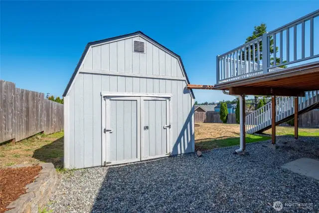 Spacious 12' x 16' electrified storage shed with locking door. Could be a great spot for an art studio or office.