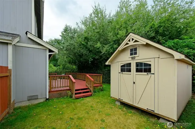 Large shed in backyard stays for more storage.