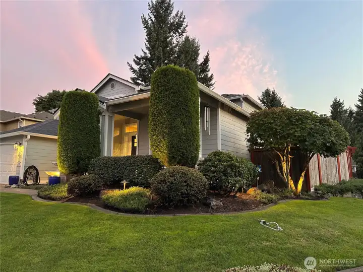 Exterior lighting highlights the water fountain, bushes and tree in the front yard