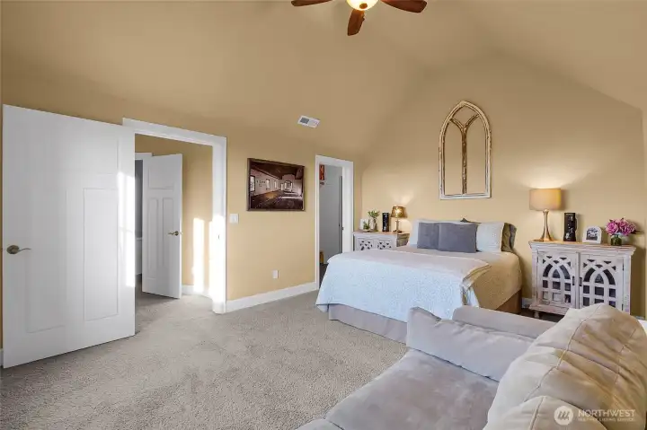 This fourth bedroom is so elegant with it's vaulted ceiling and ceiling fan! The large walk-in closet provides a lot of space, as well as a door into Narnia, er, a large storage space with many surprises in store for you. This room's window faces the back yard, vineyard, valley, and lake.
