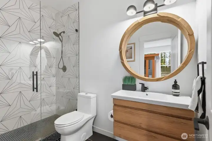 Remodeled 3/4 bathroom on the lower leve.