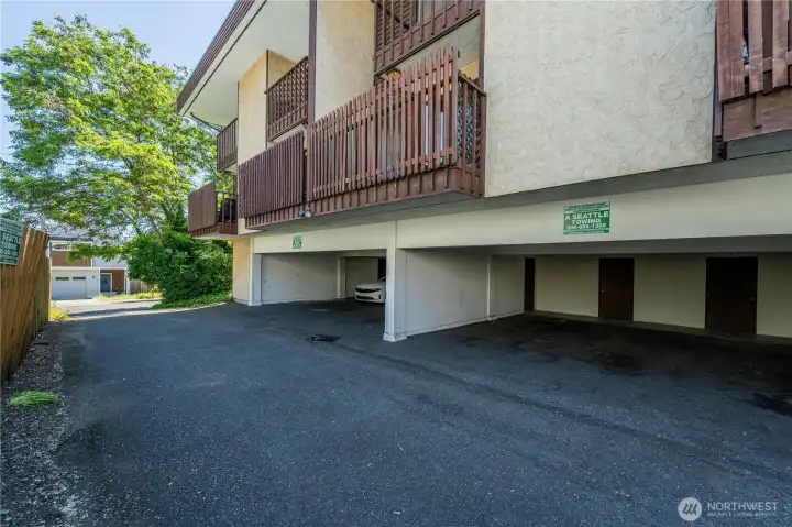 One assigned covered parking space and a dedicated storage unit located on the lower level.