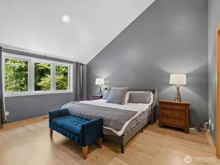 The main floor primary suite includes a walk-in closet and vaulted ceilings.