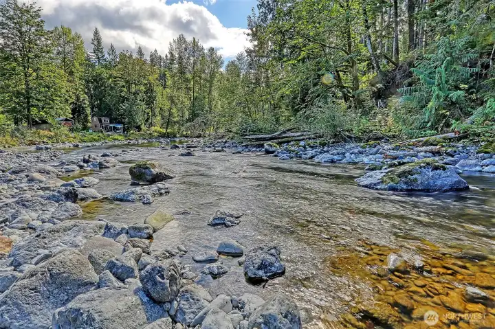 Your own riverfront with the sites and sounds of running water, fishing, and cooling off on a warm day.
