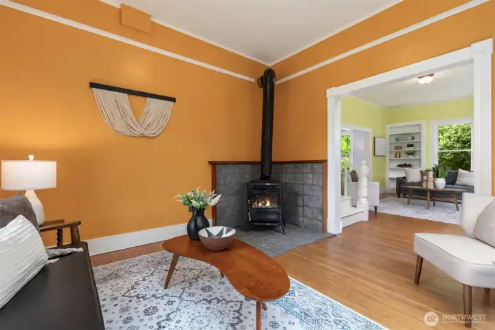 A freestanding woodstove is ready for those long winter days.