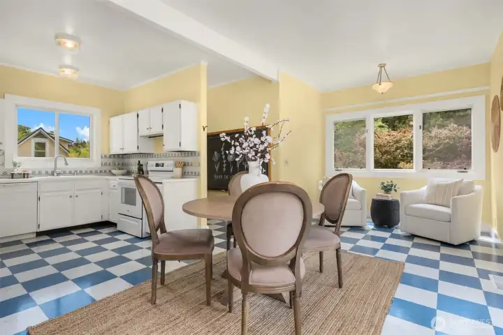The dining room opens into the roomy kitchen with eat-in space.