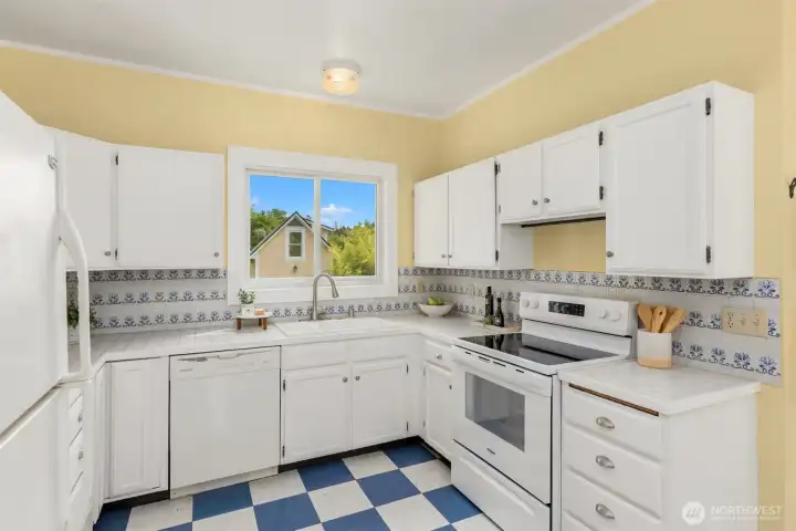 Featuring beautifully preserved vintage tile backsplash.