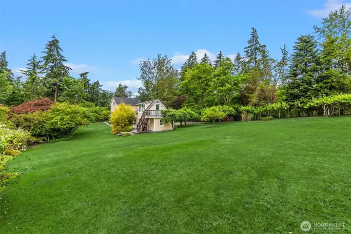 The level to gently sloping lawn is adorned with pear and apple trees and vines with red grapes.