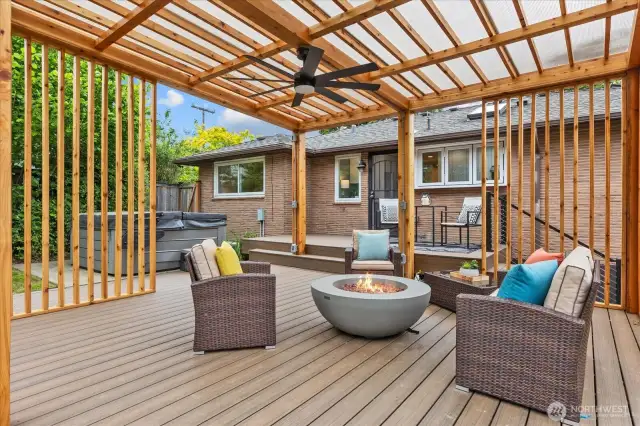 Gas firepit, electricity for string lights and a ceiling fan