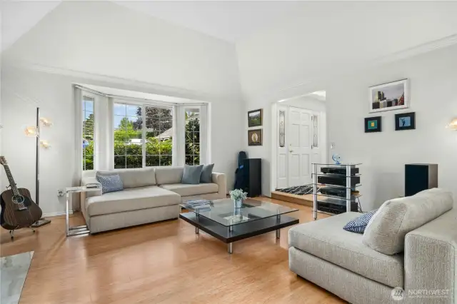 Vaulted ceiling and large windows