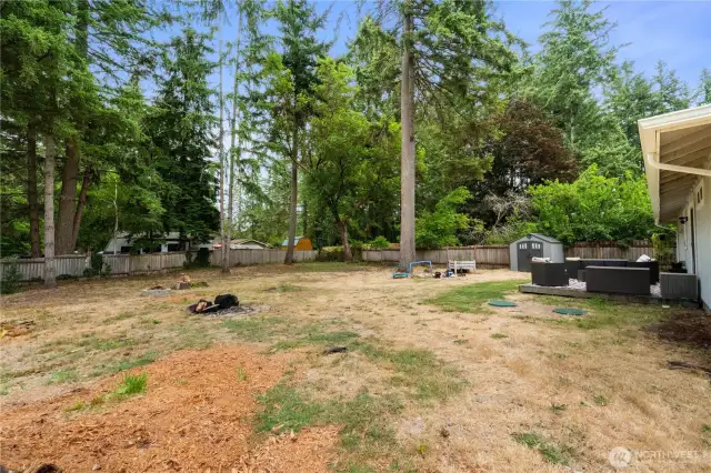 Enjoy making smores around the fire pit. The sellers have removed stumps in the yard and all this space is your canvas for creating your perfect back yard entertainment & play zone