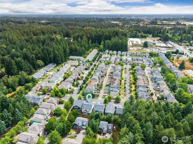 This aerial view captures the peaceful charm of the Bay Hill neighborhood, surrounded by stunning evergreens and stretching out toward the horizon. Located in the heart of West Olympia, this home is just minutes away from Capital Medical Center, the mall, and Trader Joe's. For breakfast, you’re not far from the famous Hash for a delicious start to your day, or for pizza lovers, Vic’s Pizza serves up perfect New York-style pies. It’s a location that offers both natural beauty and unmatched convenience.