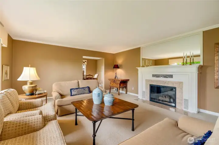 Large living room with gas fireplace.