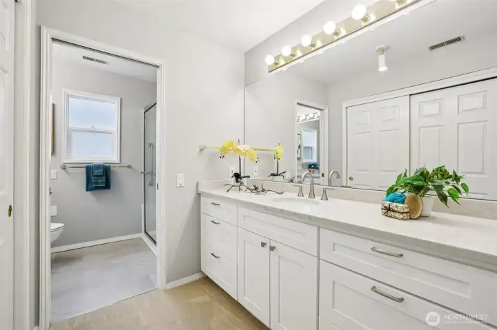 updated cabinets, counters, sink and faucet