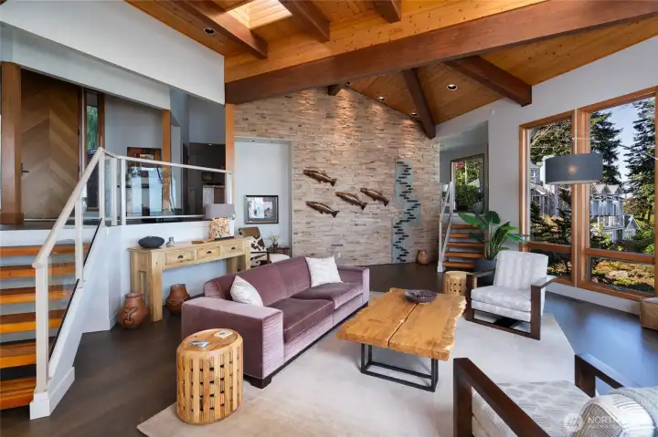 Spacious great room with vaulted wood ceilings