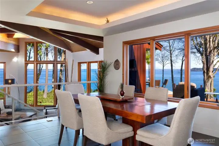 Dining room with large windows and water views