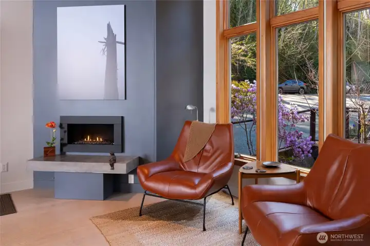 Cozy living room with fireplace and leather chairs