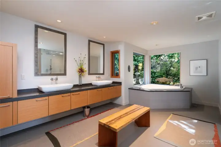 Luxury bathroom with double vanity and soaking tub