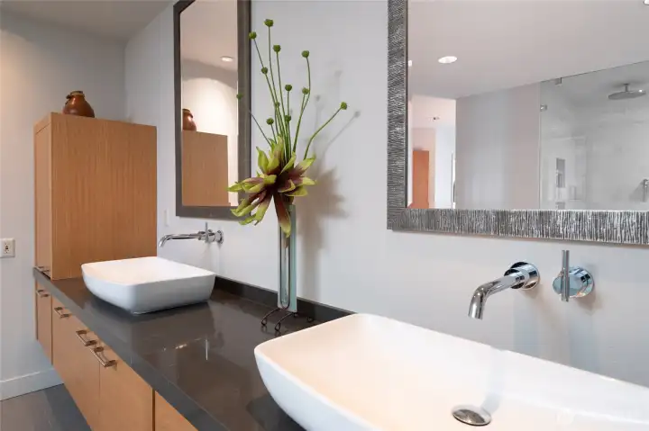 Bathroom vanity with dual sinks and modern design