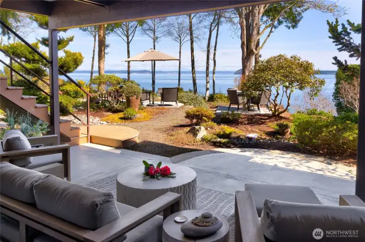 Scenic backyard patio with ocean view seating