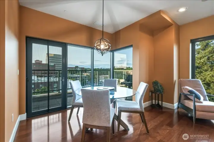 Dining area, covered patio, hardwood floors