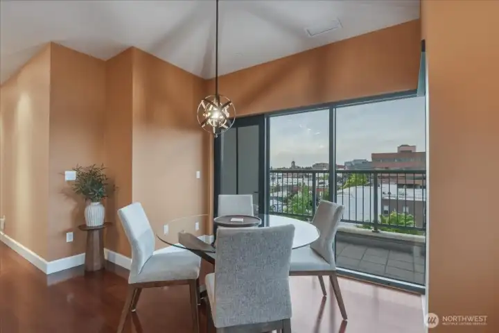 Dining area, covered patio, hardwood floors