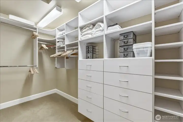 Walk-in closet, w2w carpet, shelves