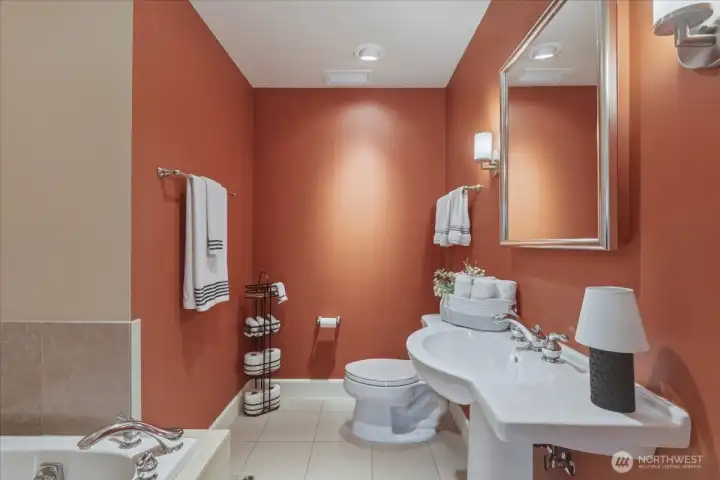 2nd Bathroom, jetted soaking tub, tile floor